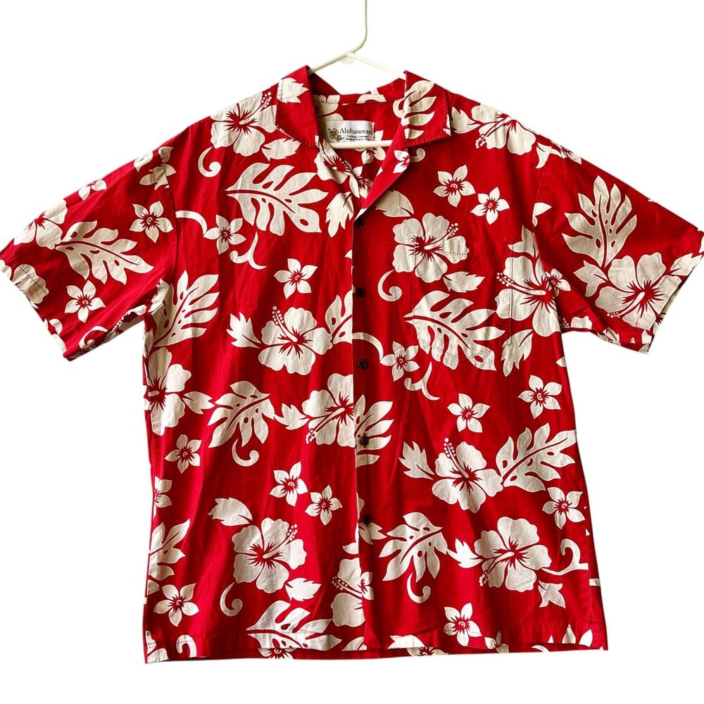 Vtg Alohawears Mens Hawaiian Shirt Cotton Size L Red White Plumeria Hibiscus